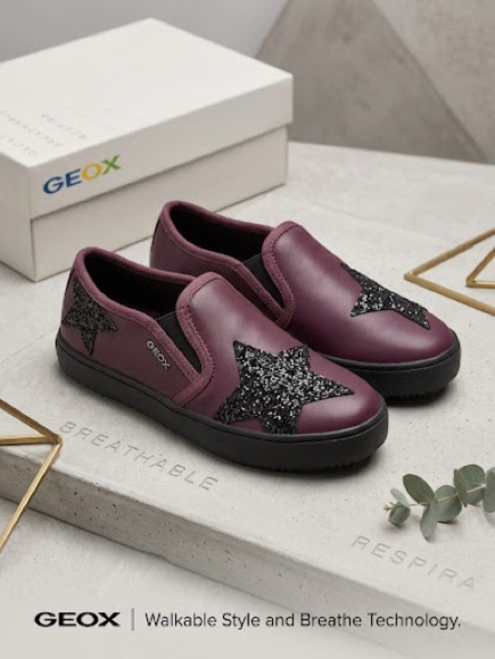 Geox Girl Slip-On Shoes in Plum with Black Glitter Stars. Italian Brand